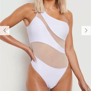 MESH INSERT ONE SHOULDER SWIMSUIT